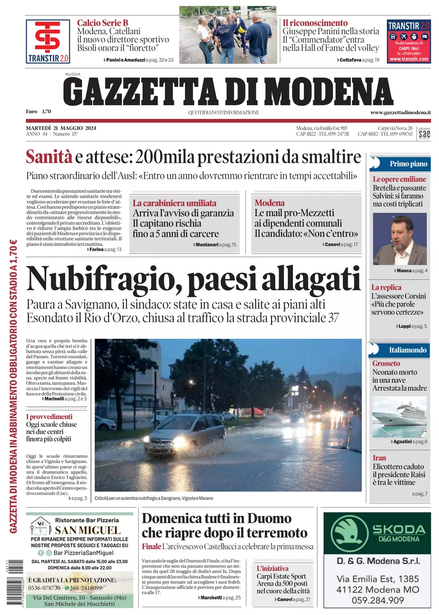 Prima-pagina-gazzetta di modena-oggi-edizione-del-2024-05-21